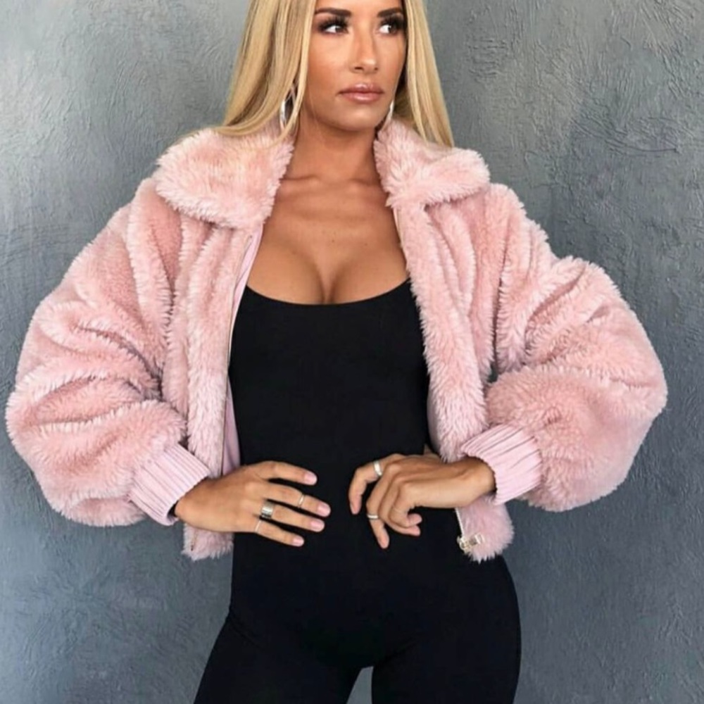 Oh Polly Pink Faux Fur Cropped Jacket